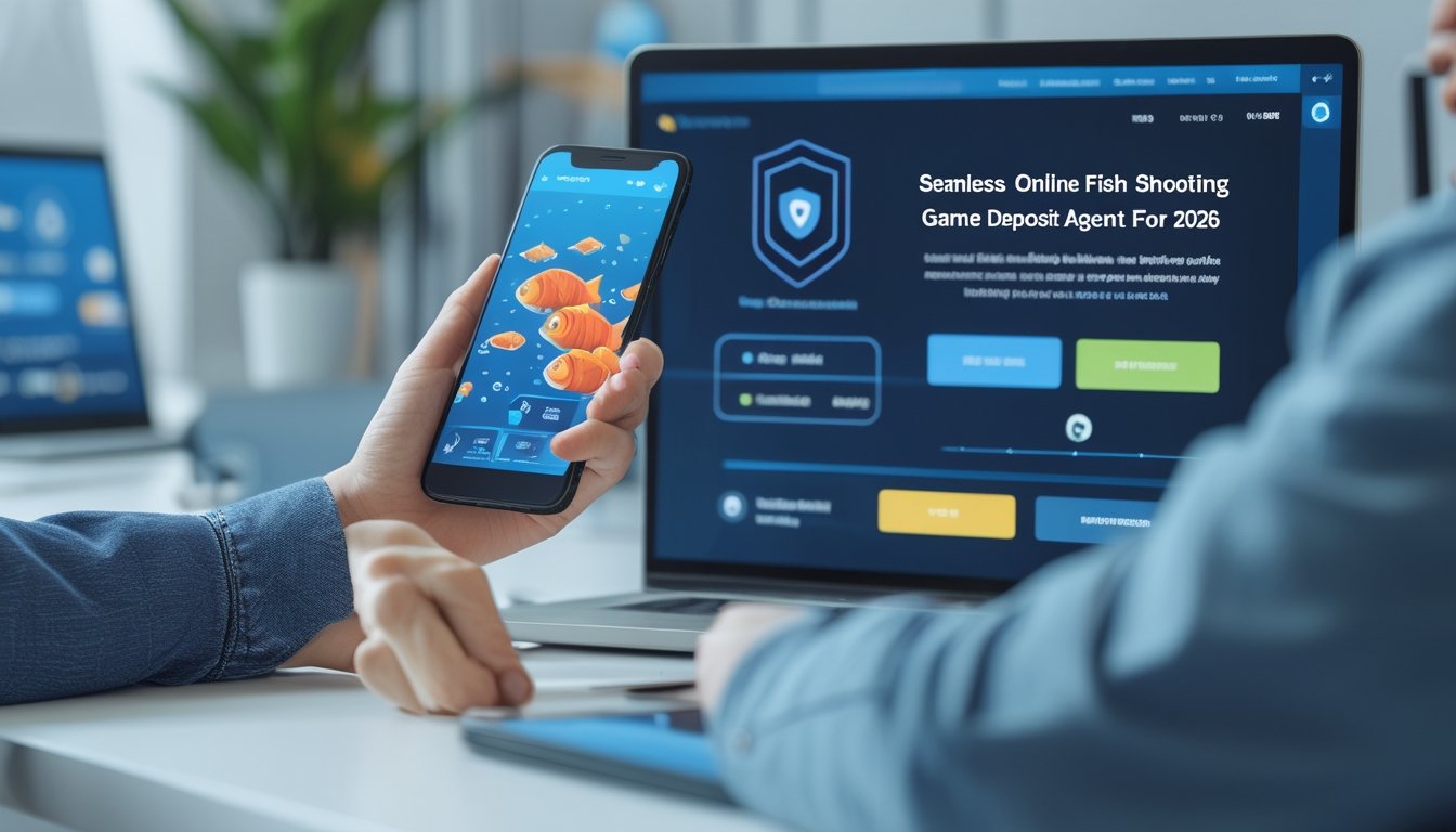 Seseorang memegang ponsel yang menampilkan permainan tembak ikan, dengan laptop di meja yang menunjukkan portal pembayaran online yang aman, di ruang kerja yang rapi dan terang.