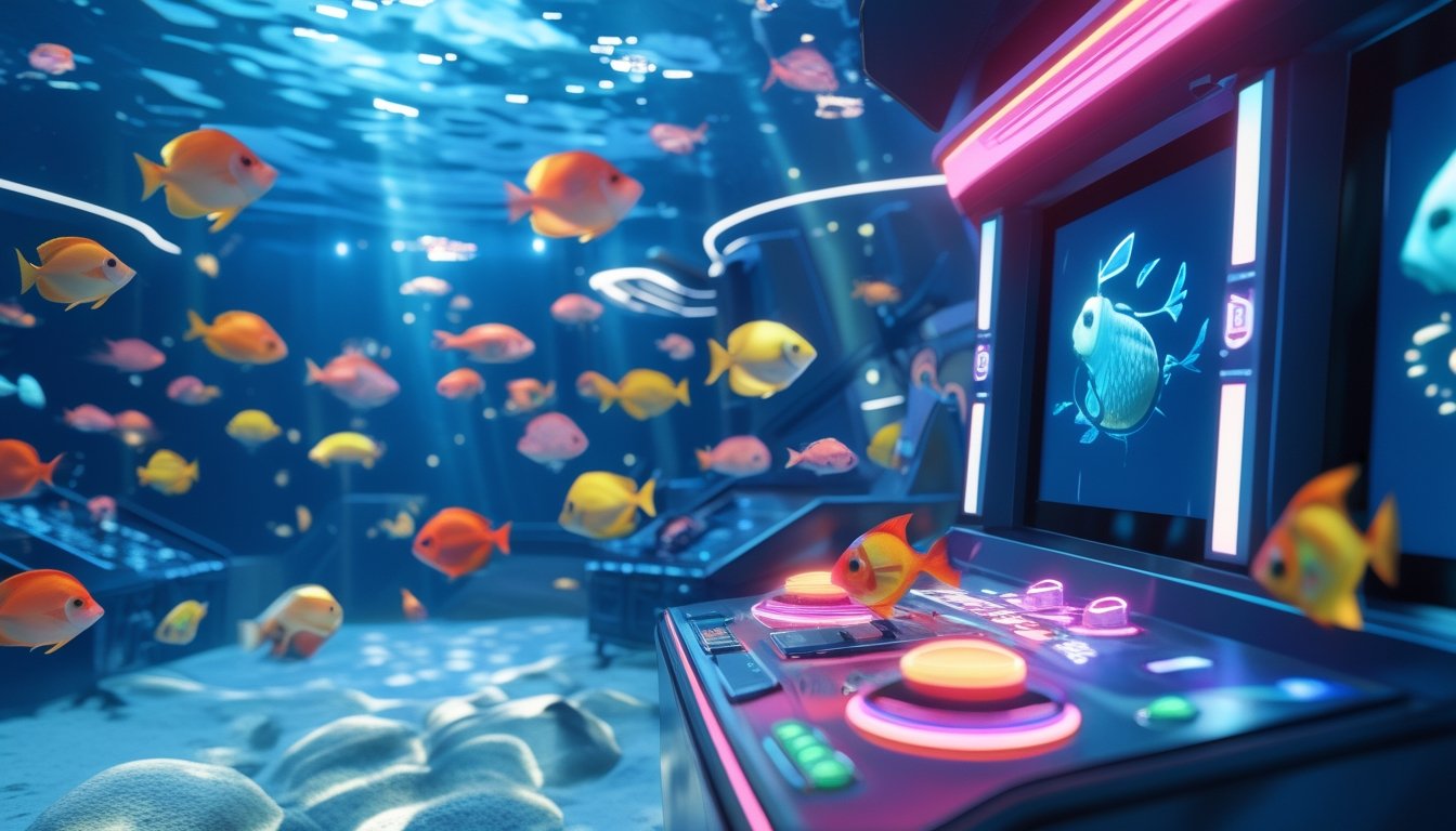 Pemandangan bawah laut dengan berbagai ikan warna-warni dan panel kontrol permainan digital modern.