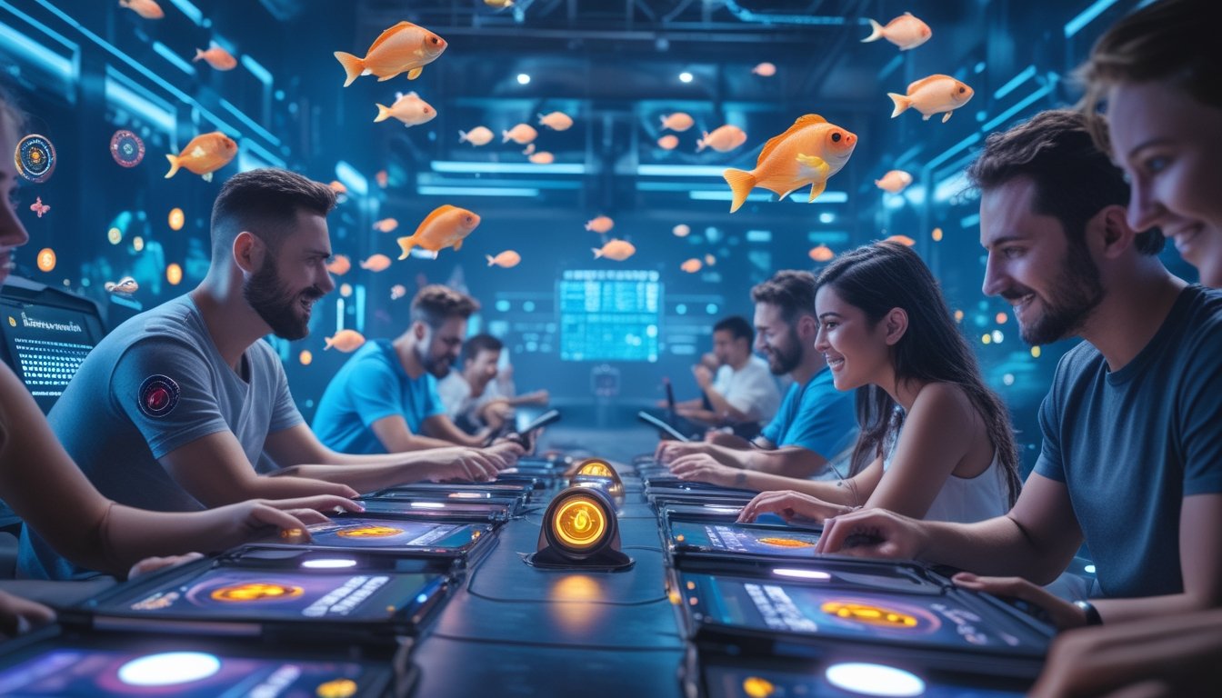 Orang-orang bermain game tembak ikan dengan perangkat modern di lingkungan bawah laut yang penuh ikan berwarna-warni dan elemen permainan digital.