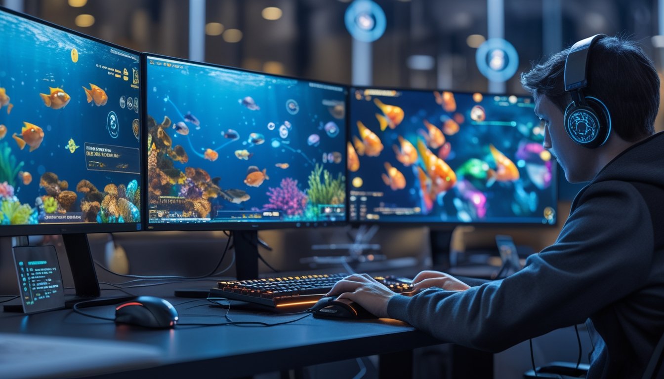 Seorang pemain game profesional sedang bermain permainan tembak ikan di komputer dengan layar menampilkan ikan-ikan berwarna-warni di bawah laut.