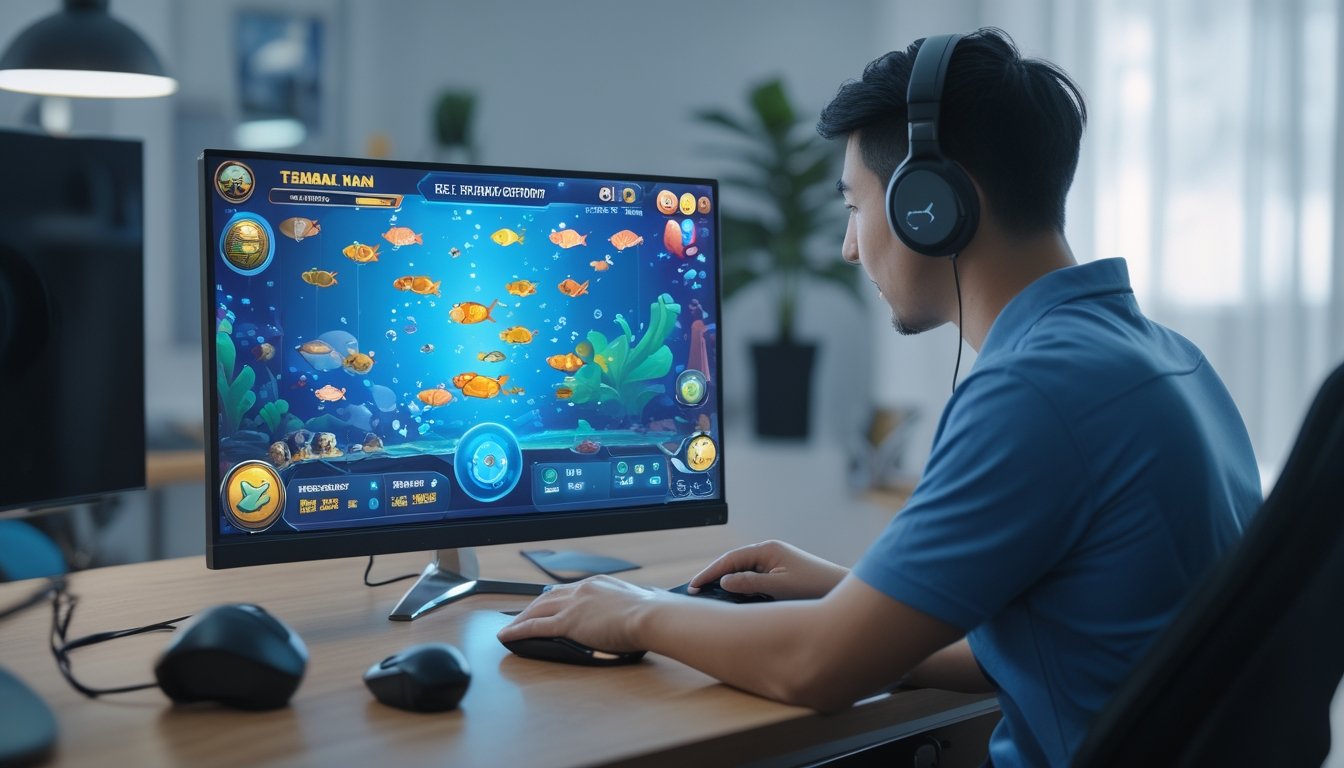 Seorang pemain dewasa sedang bermain game tembak ikan online di komputer dengan latar belakang visual ikan berwarna-warni di layar.