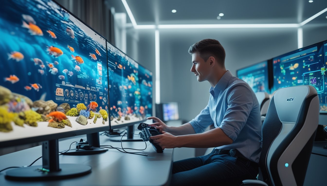 Seorang pria muda sedang bermain game tembak ikan online dengan latar belakang layar komputer yang menampilkan ikan berwarna-warni di lingkungan gaming modern.