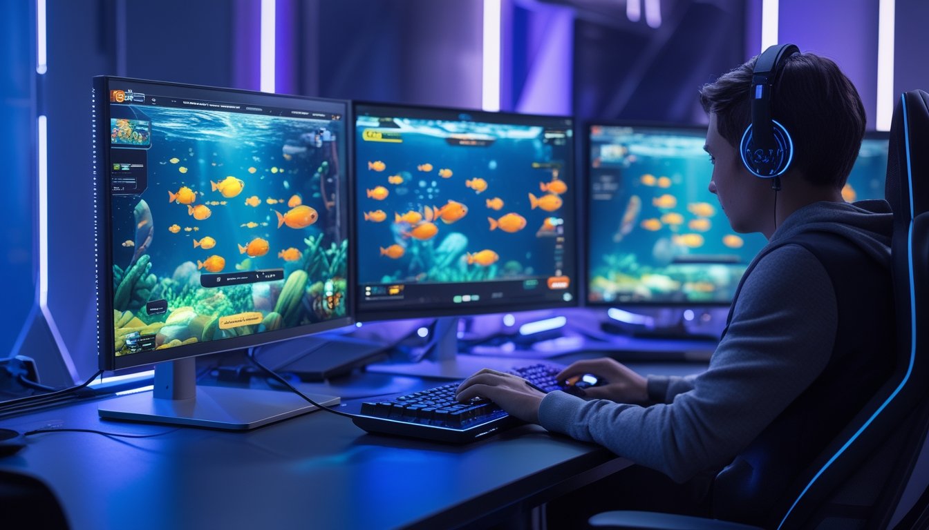 Seorang gamer menggunakan komputer dengan layar menampilkan permainan tembak ikan berwarna-warni di ruangan gaming modern.