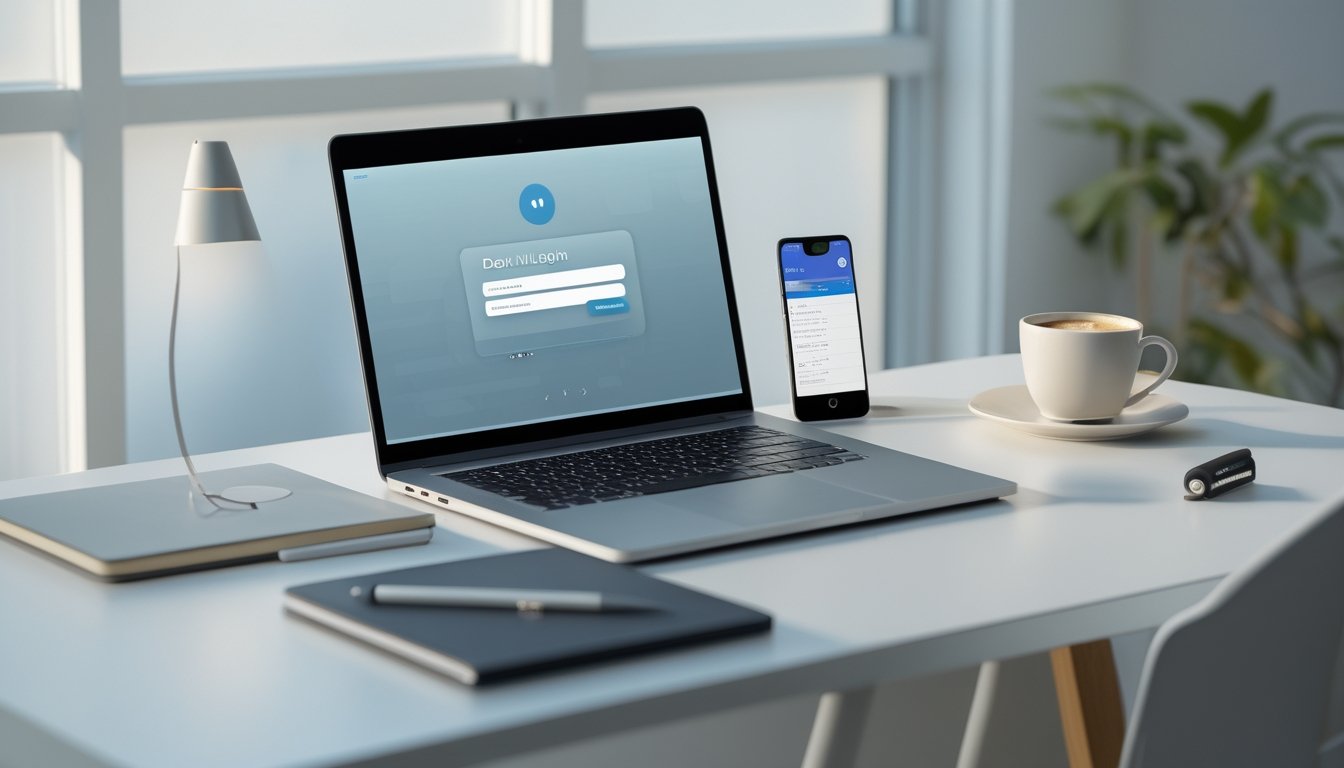 Meja kerja modern dengan laptop dan ponsel yang menampilkan layar login dan menu navigasi, dengan pencahayaan alami dari jendela di latar belakang.