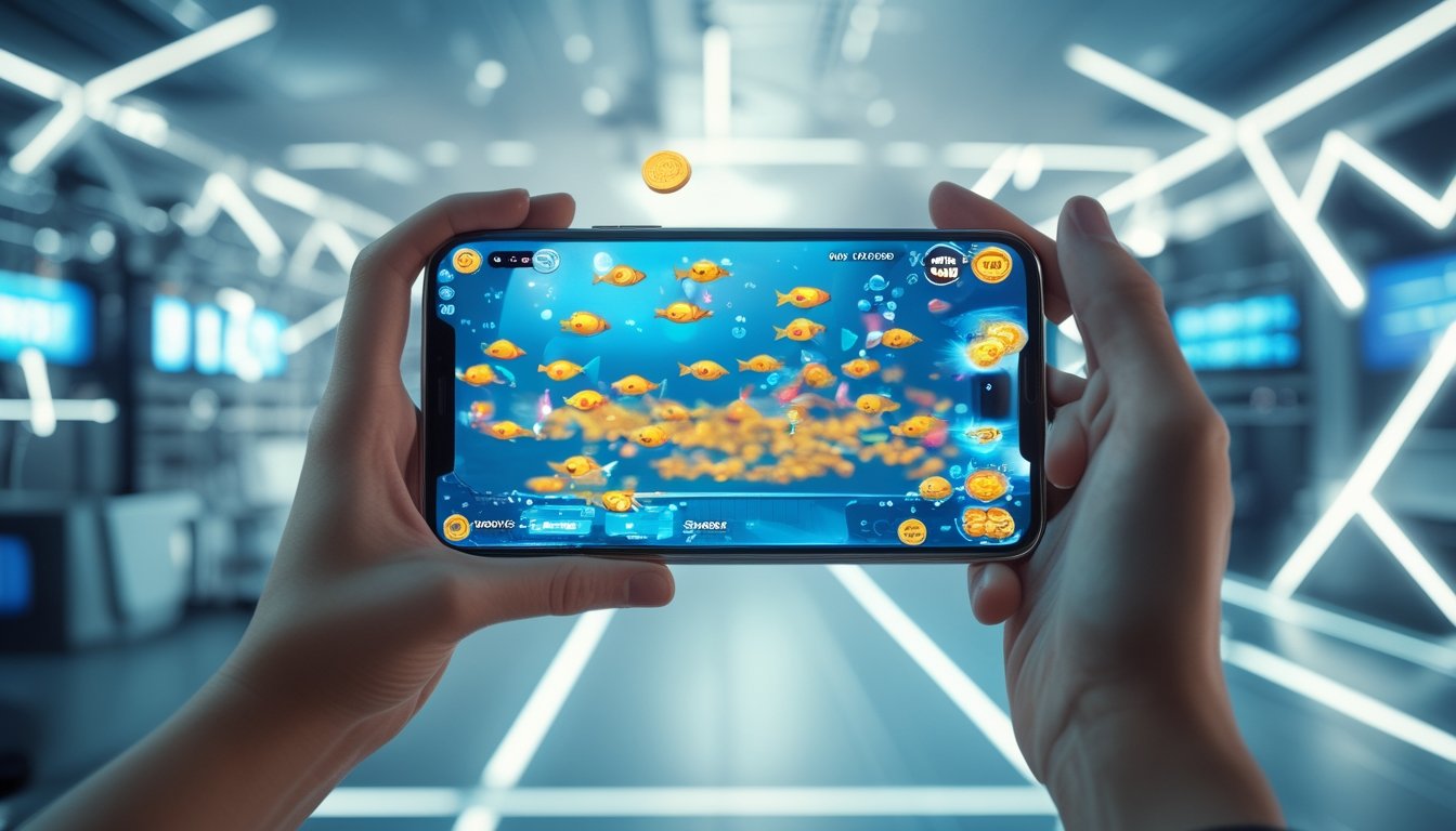 Seseorang memegang ponsel yang menampilkan permainan tembak ikan dengan ikan berwarna-warni dan elemen koin digital di latar belakang.