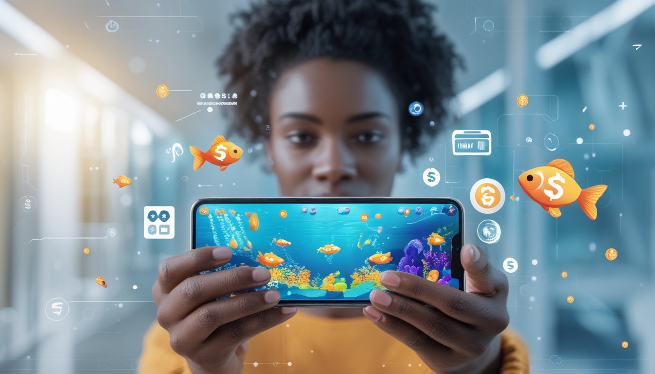 Seseorang memegang smartphone yang menampilkan permainan ikan dengan ikon mata uang digital dan simbol pembayaran di latar belakang.