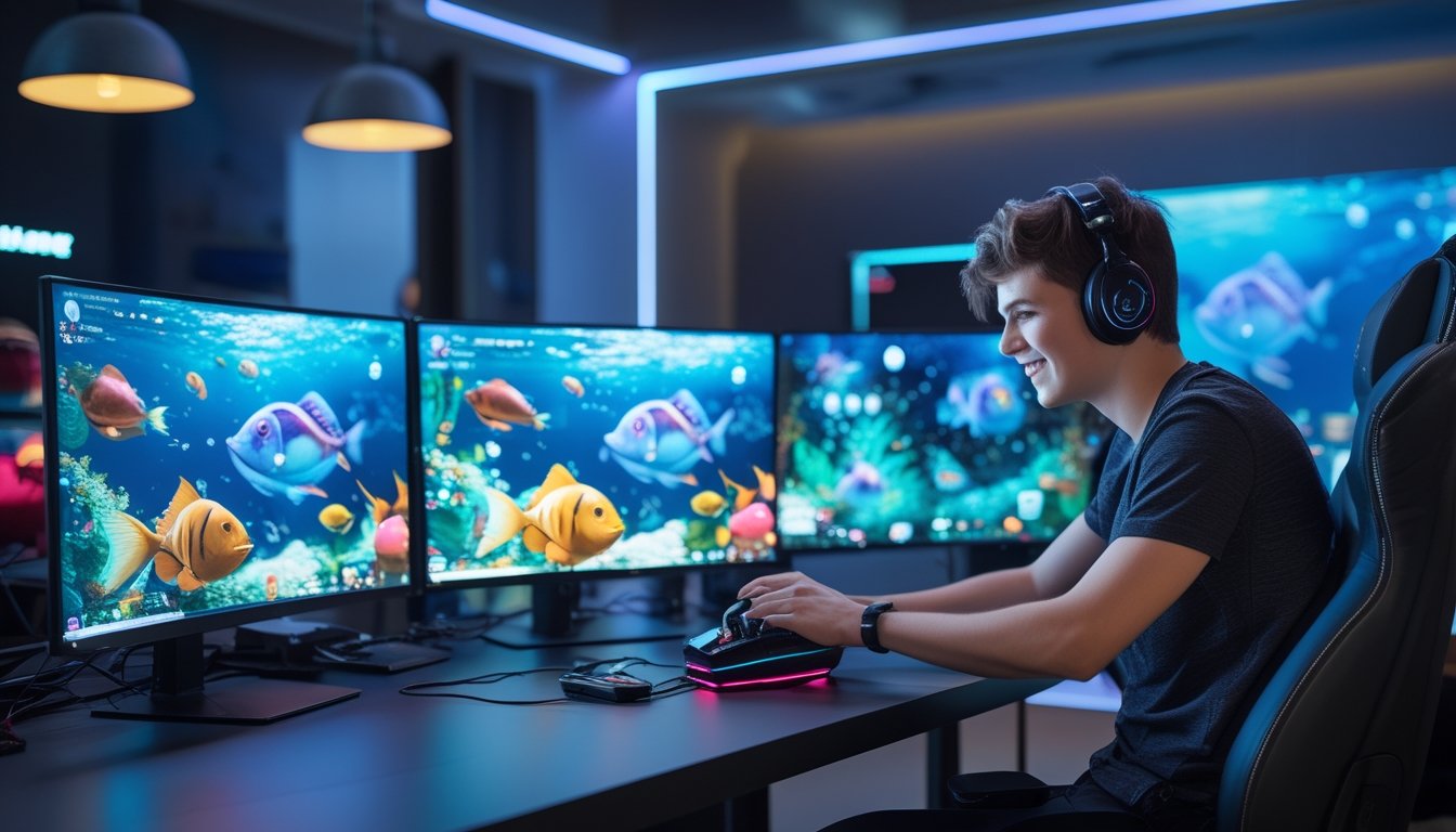 Seorang pemain muda sedang bermain game tembak ikan besar di depan komputer dengan layar menampilkan ikan-ikan warna-warni di bawah laut.