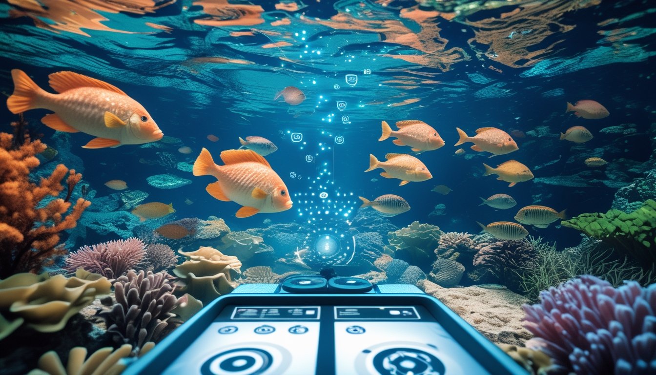 Pemandangan bawah laut dengan berbagai ikan besar berwarna-warni dan elemen antarmuka permainan digital yang menunjukkan suasana permainan tembak ikan.