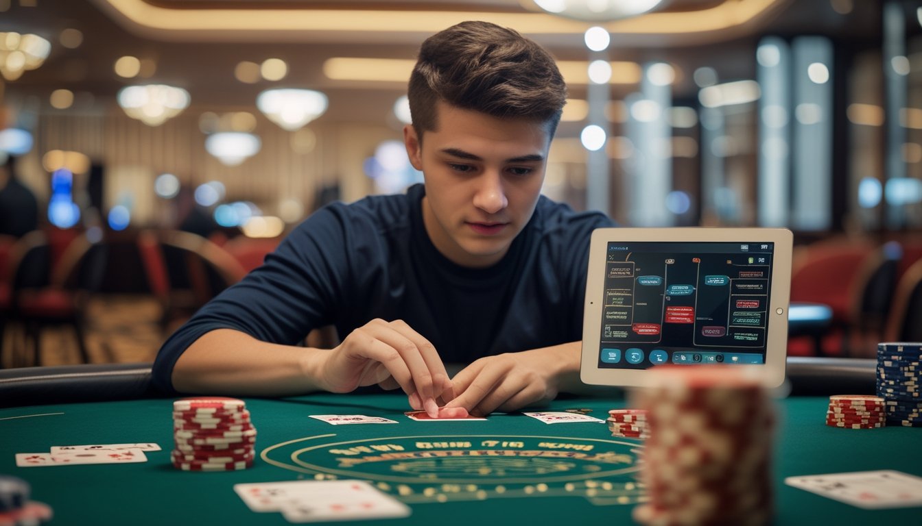 Seorang pemain poker pemula duduk di meja poker dengan chip dan kartu, mempelajari strategi poker menggunakan tablet.