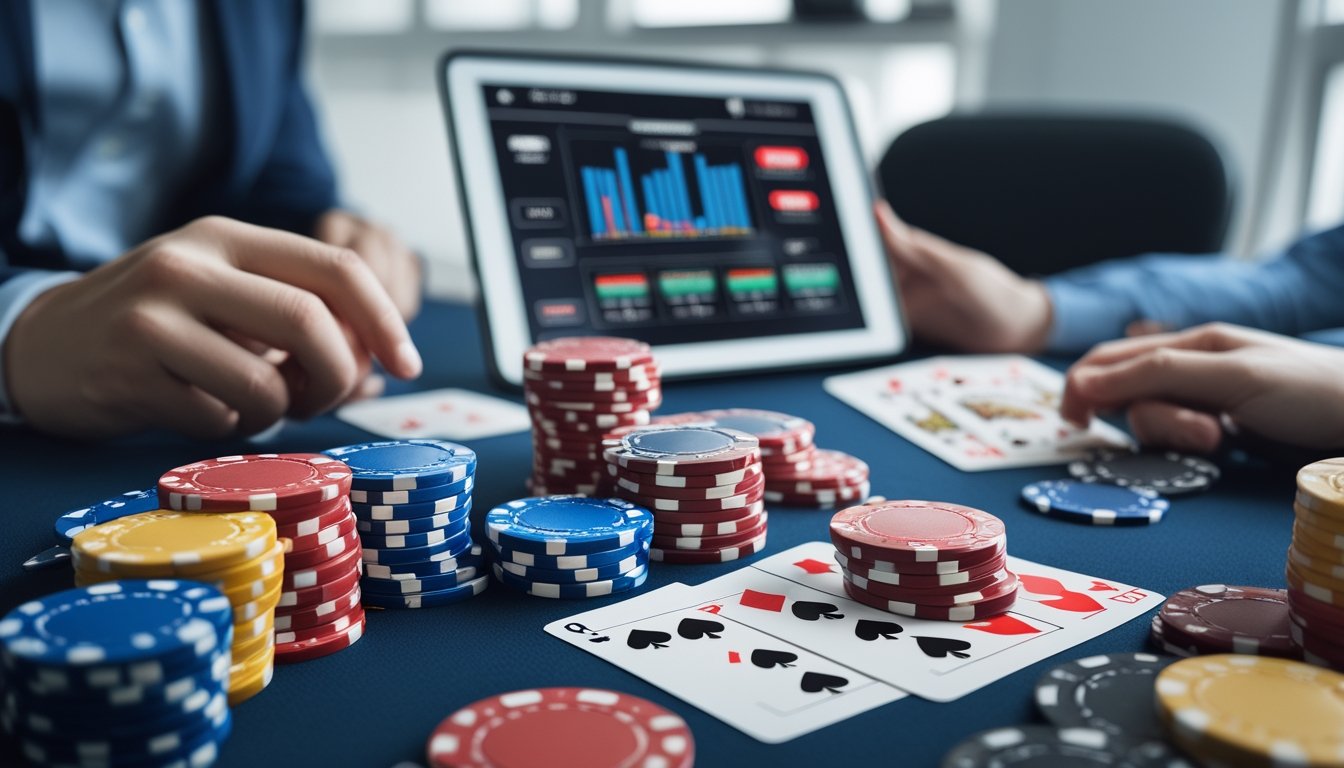 Meja poker dengan tumpukan chip warna-warni dan kartu bermain, serta perangkat digital yang menampilkan statistik poker.