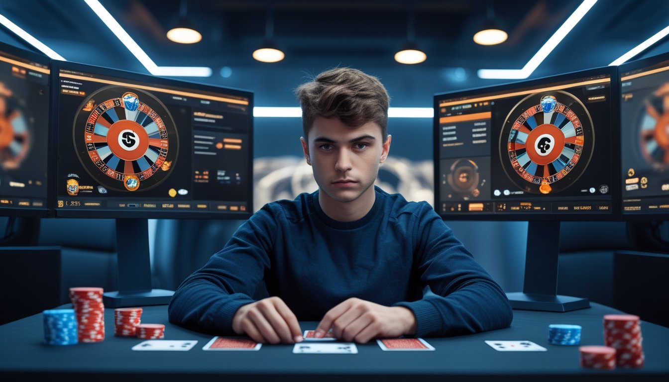 Seorang pemain poker muda duduk di depan komputer dengan layar menampilkan permainan poker online dan chip poker di meja.