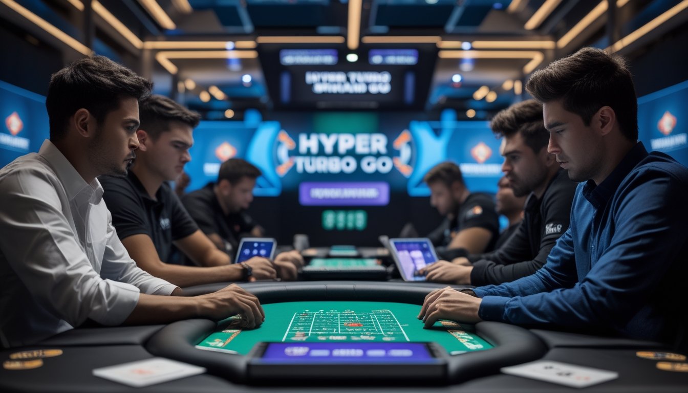 Sejumlah pemain serius sedang bermain turnamen poker online di meja dengan perangkat digital di ruangan modern.