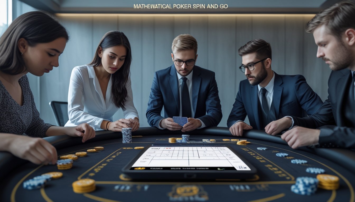 Tiga pemain poker sedang bermain di meja poker dengan chip dan kartu, di depan mereka terdapat perangkat digital yang menampilkan rumus matematika dan grafik.