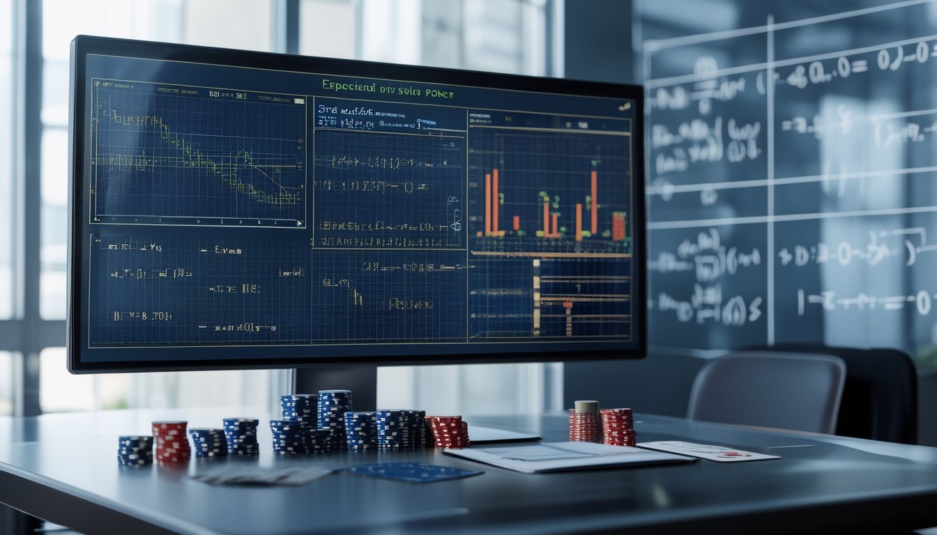 Meja kerja modern dengan komputer yang menampilkan rumus matematika, chip poker, dan kartu remi, menggambarkan analisis matematika untuk poker Spin and Go tiga pemain.