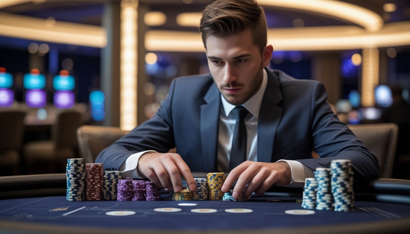 Seorang pemain poker sedang mengatur tumpukan chip di meja poker dengan ekspresi fokus dan serius.