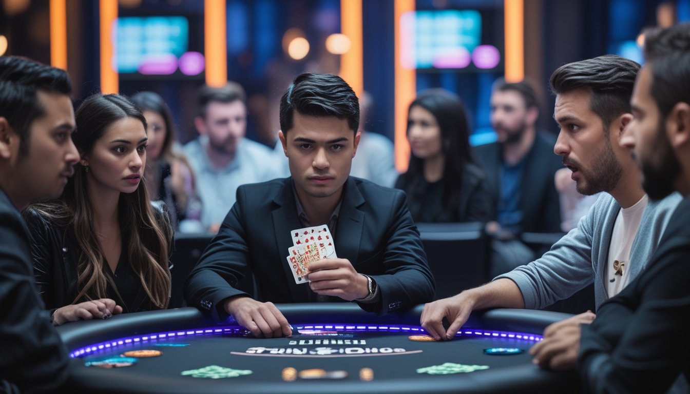 Seorang pemain poker tampak tenang dan percaya diri saat menggertak di meja Spin and Go dengan beberapa pemain lain yang memperhatikan dengan serius.