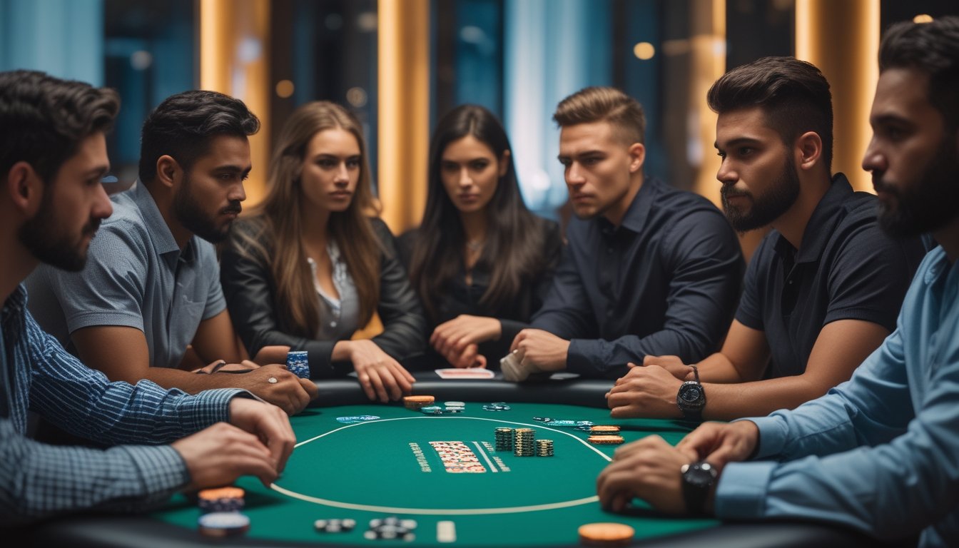 Sekelompok pemain poker fokus bermain di meja poker hijau dengan chip dan kartu, satu pemain tampak menggertak dengan ekspresi percaya diri.