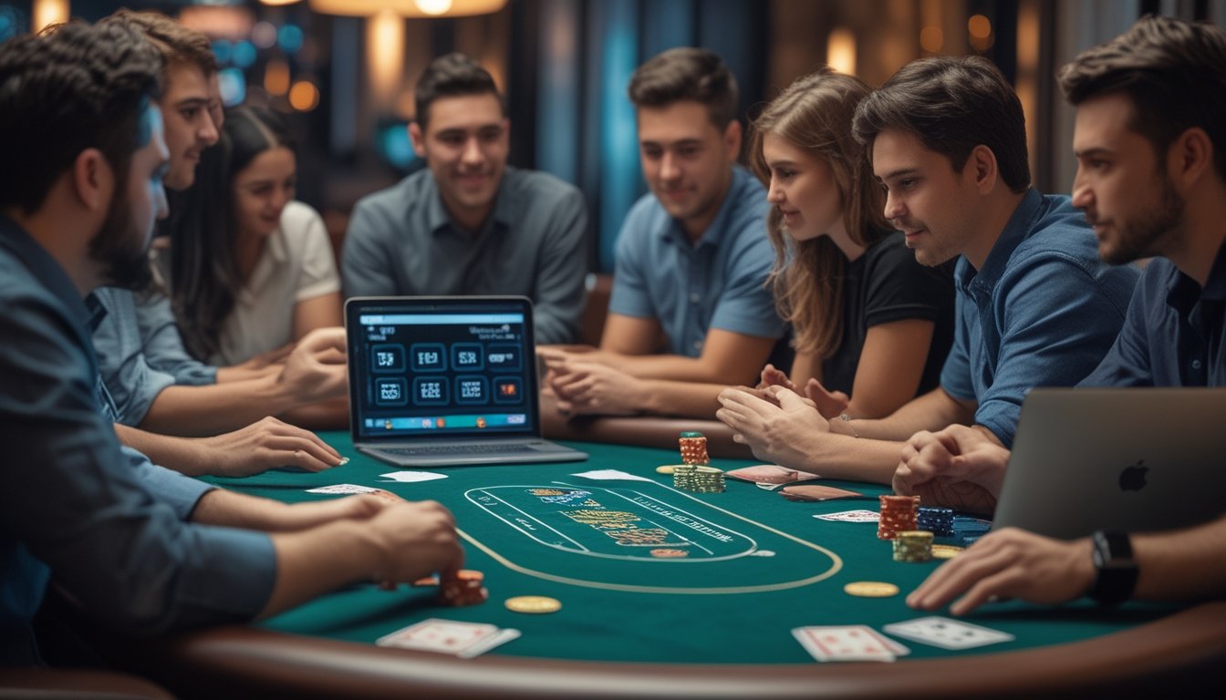 Seorang pemain muda sedang belajar bermain Spin and Go poker di meja poker dengan chip dan kartu, ditemani oleh beberapa orang lain di ruangan kasino yang terang.