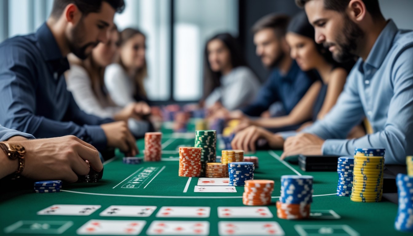 Meja poker dengan tumpukan chip dan kartu, dikelilingi oleh pemain yang fokus bermain poker Spin And Go.