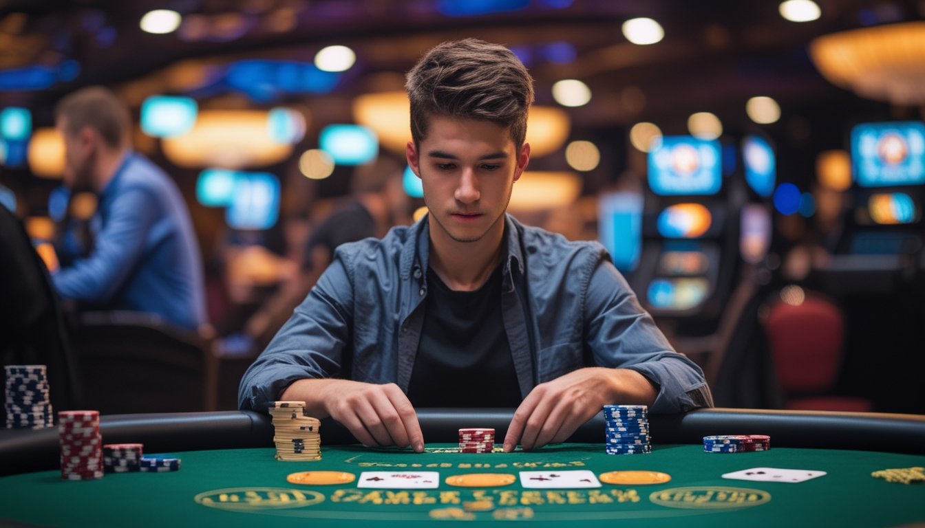 Seorang pemain poker fokus duduk di meja poker dengan tumpukan chip taruhan kecil di kasino.