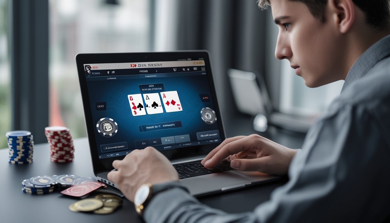 Seorang pemain poker fokus melihat layar laptop dengan meja poker digital dan chip poker di atas meja.