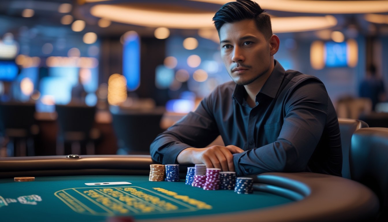 Seorang pemain poker fokus duduk di meja poker dengan chip dan kartu, terlihat serius dan strategis dalam suasana kasino modern.