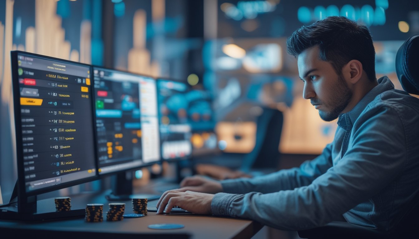 Seorang pemain poker fokus duduk di depan komputer dengan layar menampilkan permainan poker online dan grafik abstrak di latar belakang.