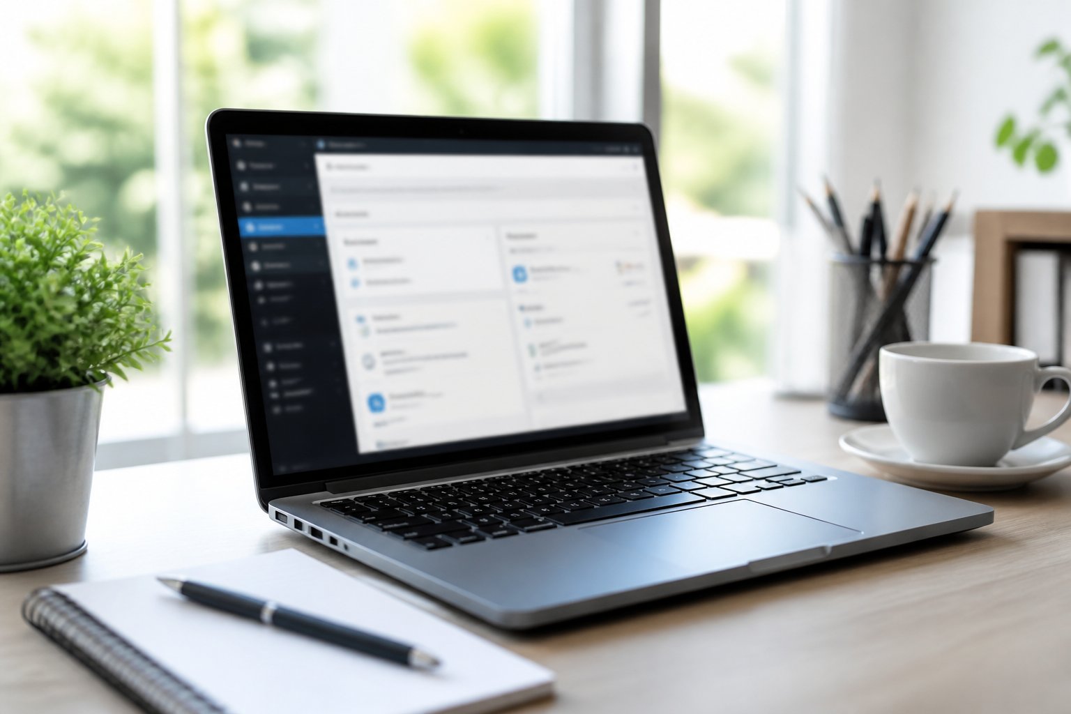 WordPress-Kommentare deaktivieren 1 Ein moderner Arbeitsplatz mit einem Laptop auf einem sauberen Schreibtisch, der eine WordPress-Benutzeroberfläche zeigt.