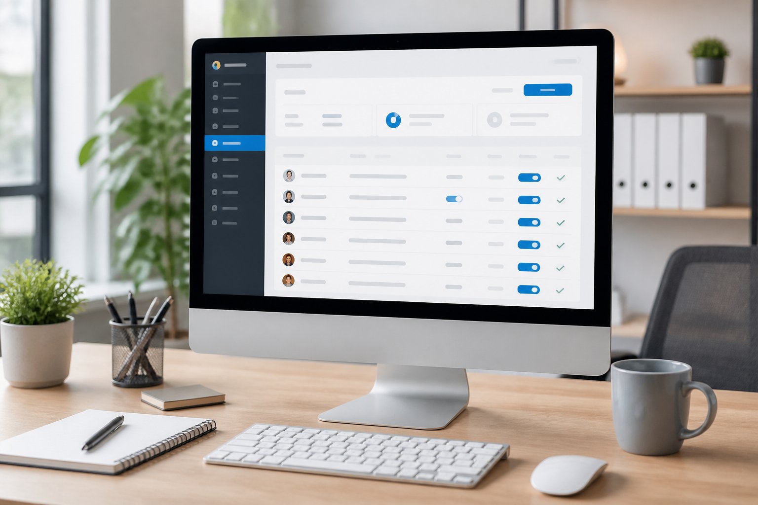 WordPress-Kommentare deaktivieren 3 Ein moderner Arbeitsplatz mit einem Computer, der eine Benutzeroberfläche zur Verwaltung von Kommentaren zeigt, umgeben von Bürobedarf.