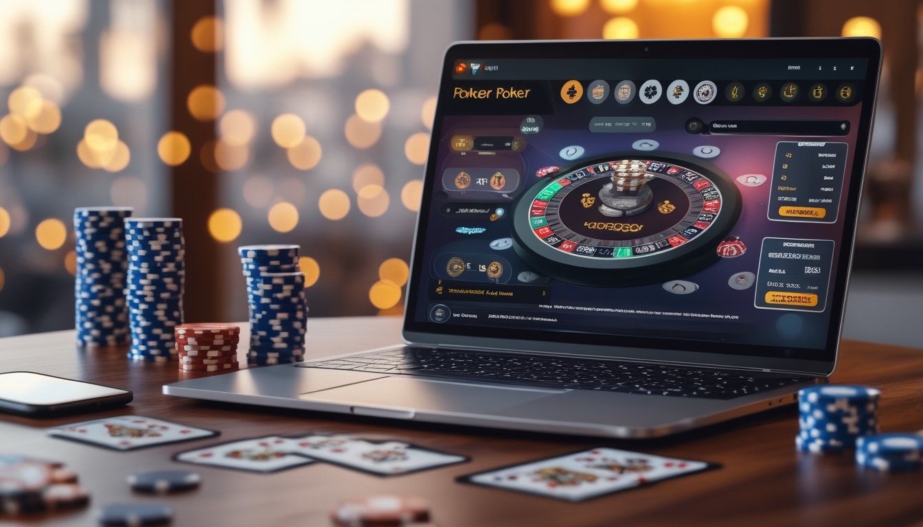Seorang pria duduk di depan laptop dengan layar menampilkan permainan poker online, dikelilingi chip poker dan kartu di atas meja kayu.