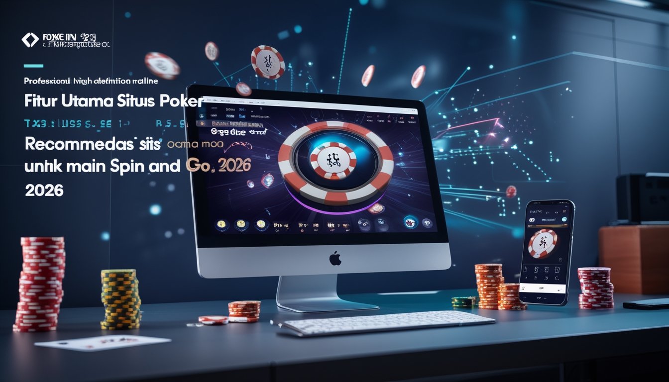 Sebuah meja dengan komputer menampilkan permainan poker online, kartu dan chip poker di sekitar, serta ponsel dengan aplikasi poker.
