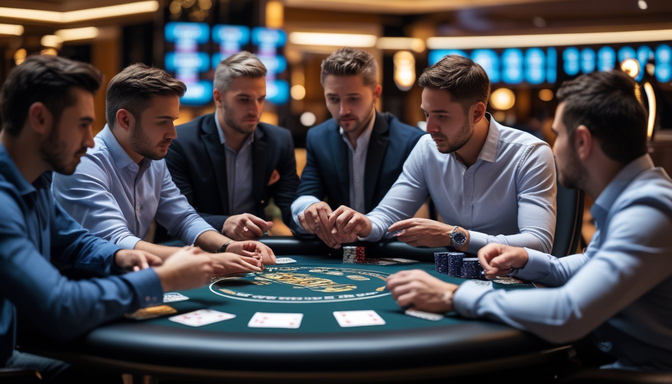 Beberapa pemain poker sedang berdiskusi dan bertukar chip di meja poker dalam suasana kasino yang modern.