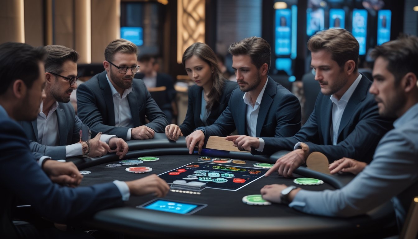 Sekelompok orang dewasa sedang duduk di meja poker modern dengan perangkat digital, berdiskusi dan menggunakan fitur deal making dalam permainan poker.