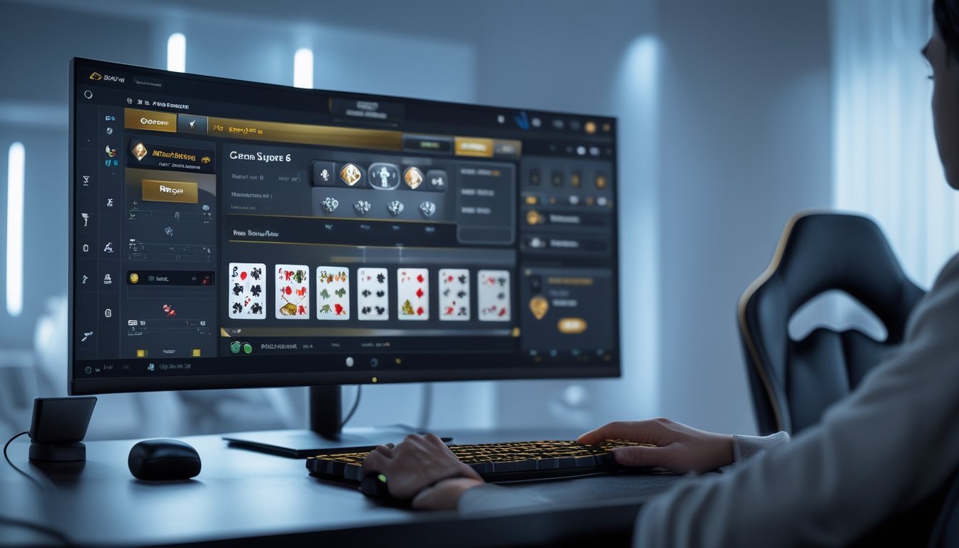 Seseorang bermain permainan kartu online di depan komputer di ruang gaming modern.
