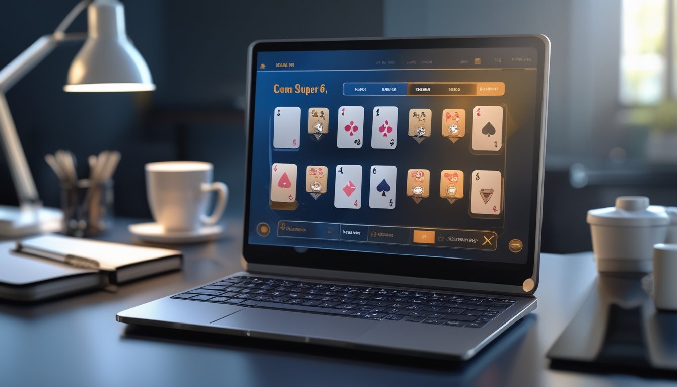 Seseorang sedang bermain permainan kartu online Ceme Super 6 di laptop di atas meja kerja yang rapi.