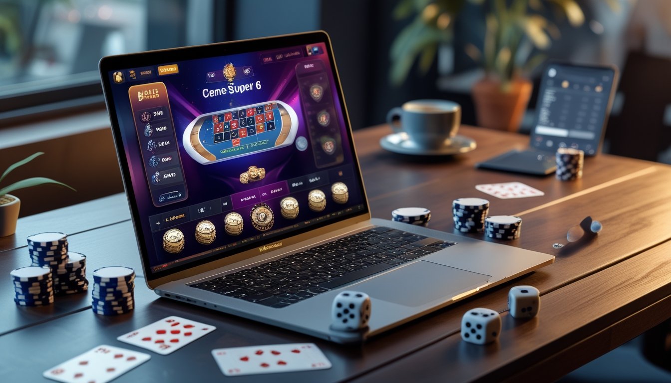 Seorang pemain sedang menggunakan laptop dengan tampilan permainan judi online, dikelilingi chip poker, dadu, dan kartu remi di atas meja kayu.