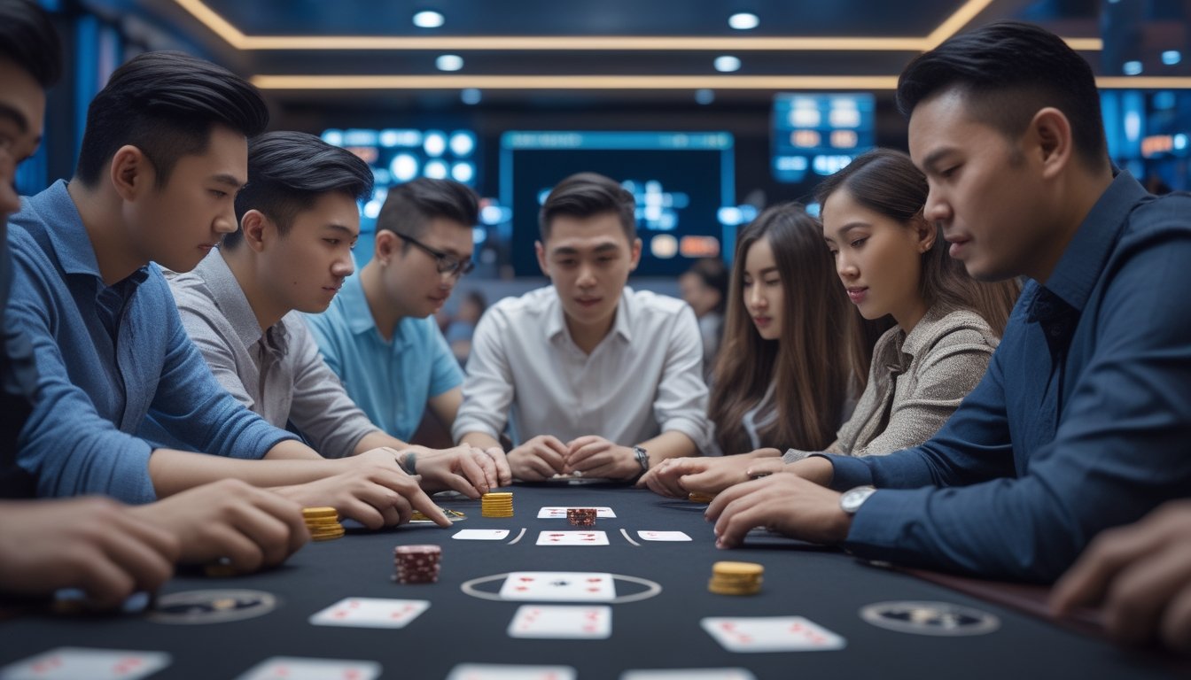 Beberapa orang sedang bermain permainan kartu Ceme Super 6 di meja permainan dengan suasana kasino online yang tenang dan fokus.
