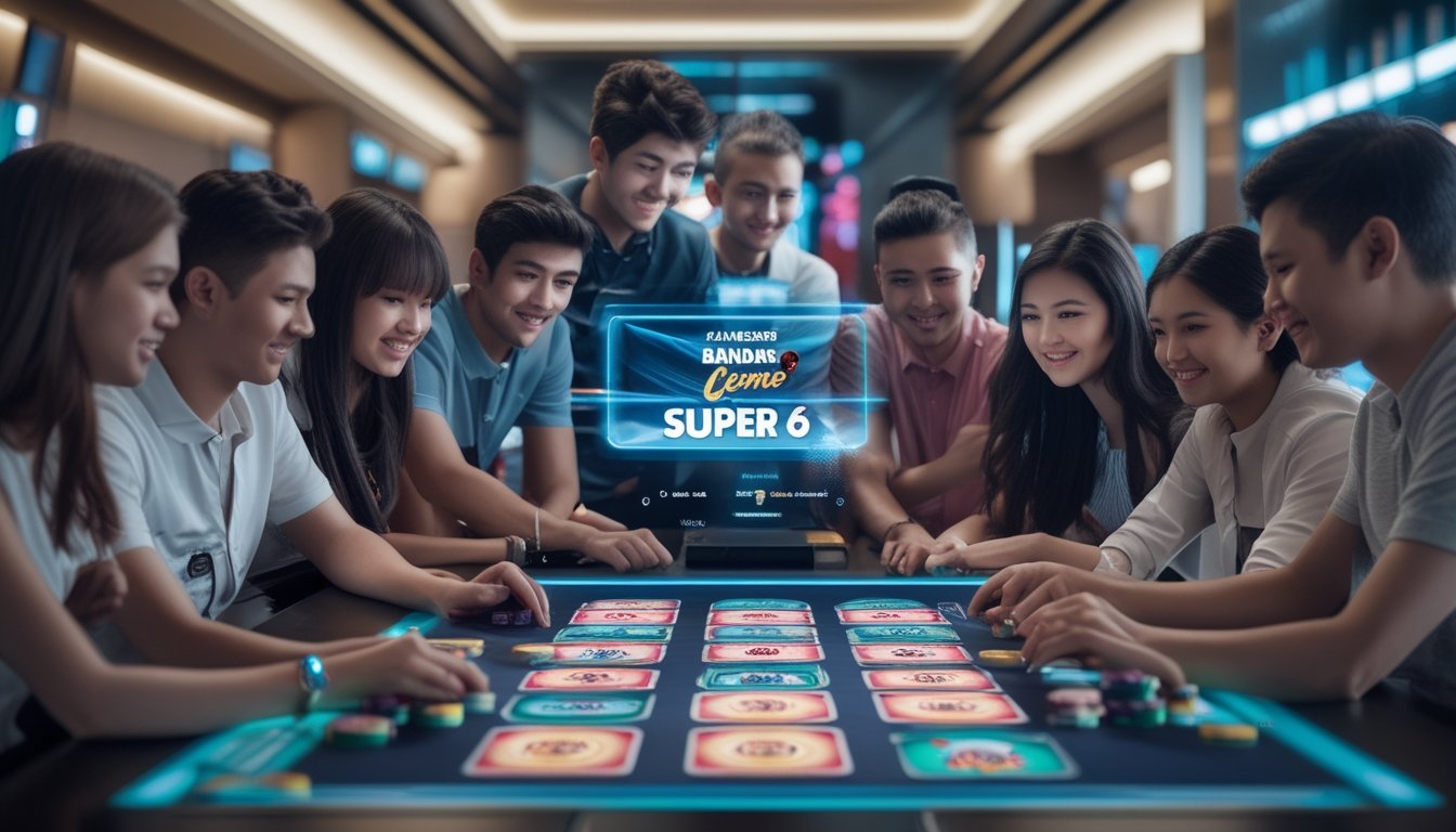Sekelompok orang muda bermain kartu di meja digital dengan suasana lounge modern dan pencahayaan hangat.