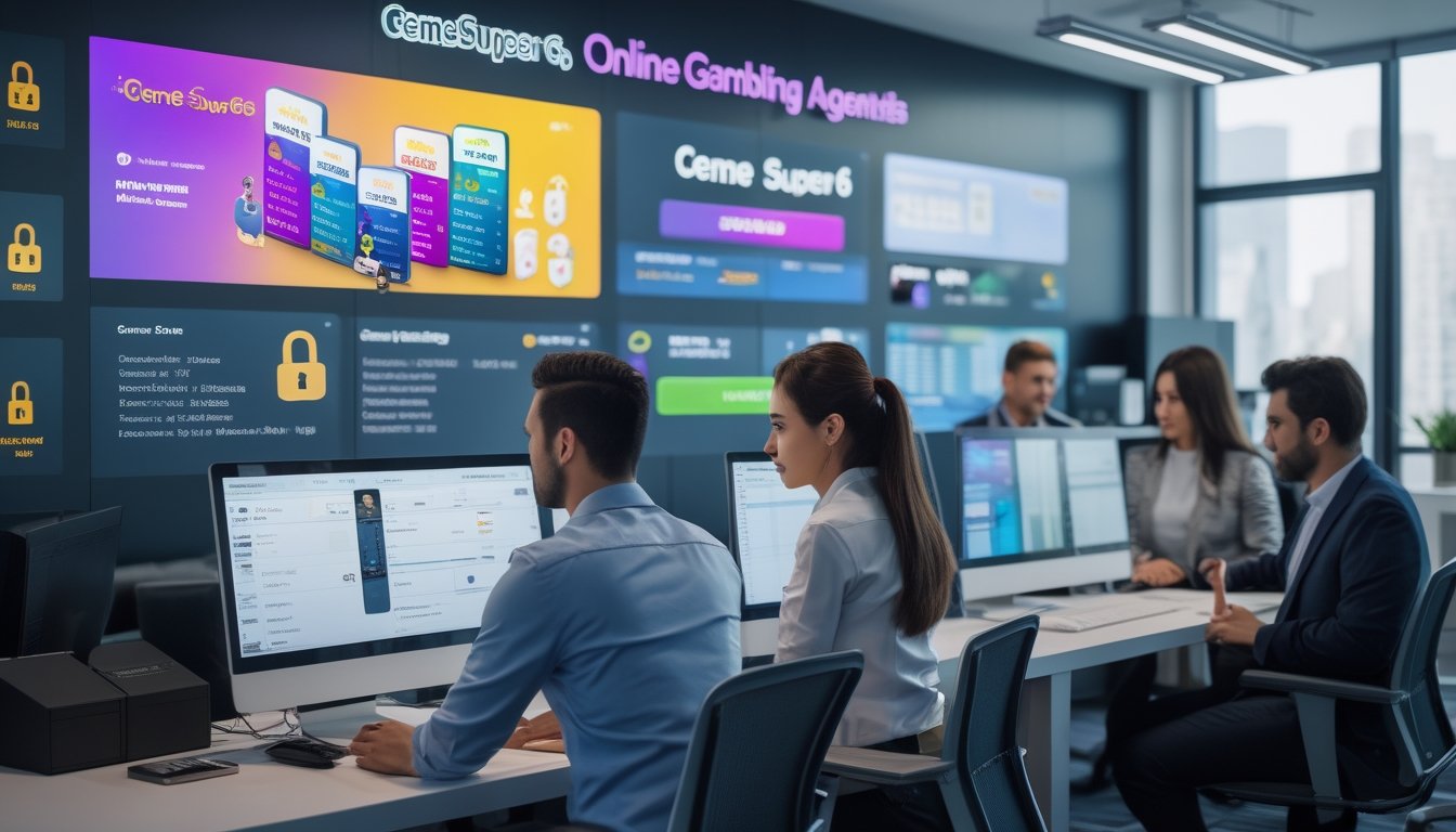 Suasana kantor modern dengan beberapa orang sedang bekerja dan melihat layar komputer yang menampilkan permainan kartu Ceme Super 6.