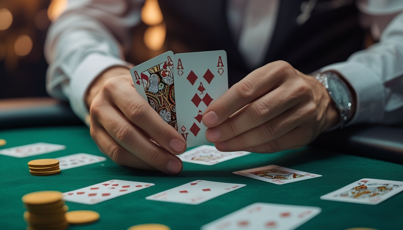 Tangan seseorang memegang kartu permainan Ceme Super 6 di atas meja hijau dengan chip taruhan di sekitarnya.