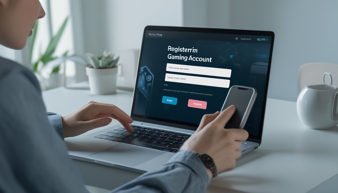 Seseorang sedang mendaftar akun online menggunakan laptop dan ponsel di meja kerja yang rapi.