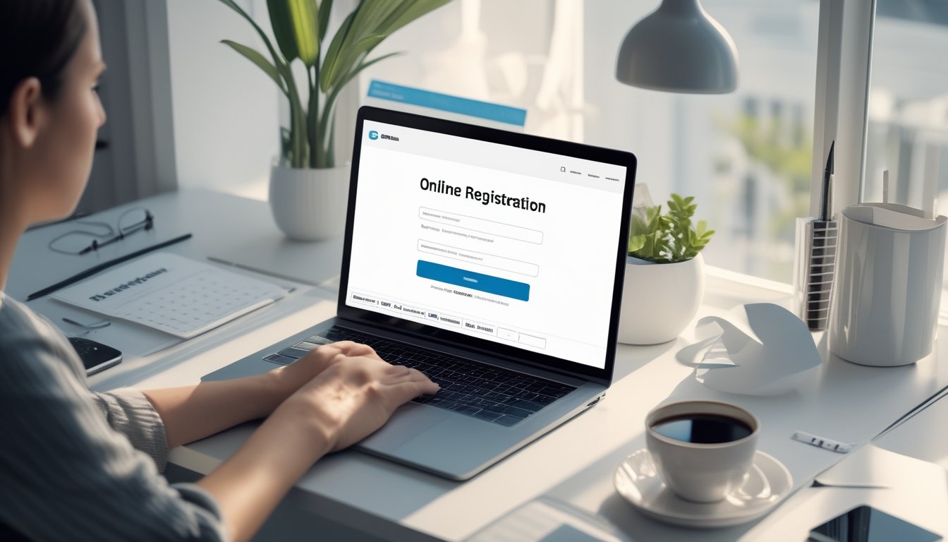 Meja kerja dengan laptop yang menampilkan formulir pendaftaran online, dilengkapi dengan alat tulis dan secangkir kopi.