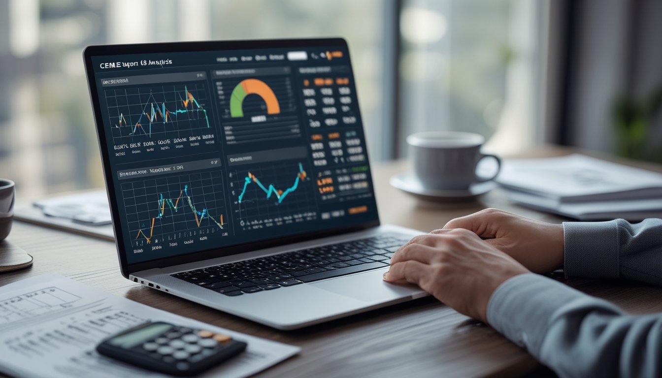 Sebuah meja kerja dengan laptop yang menampilkan grafik dan data statistik, disertai kalkulator dan secangkir kopi.