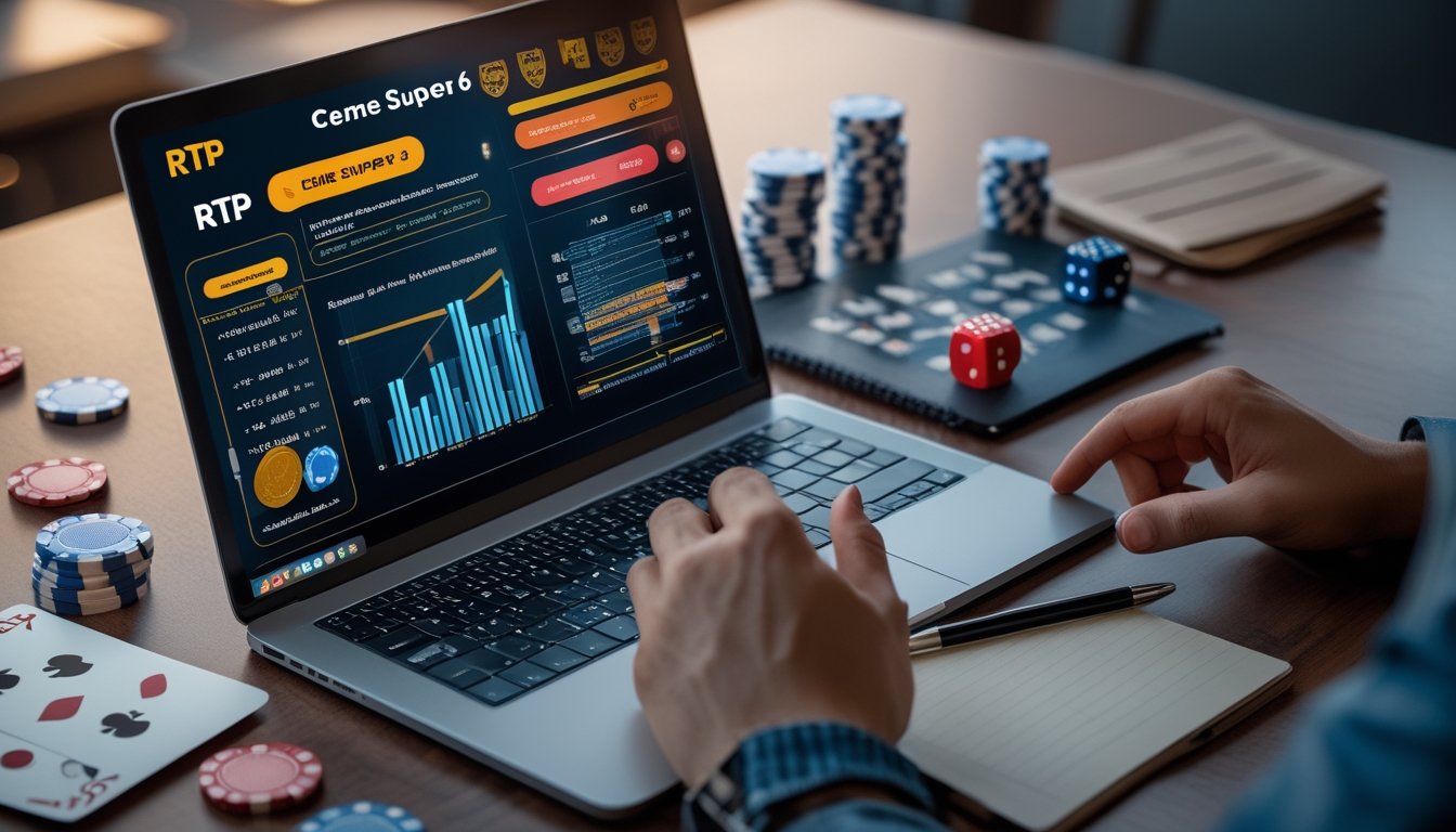 Seseorang sedang menganalisis data statistik dan probabilitas permainan Ceme Super 6 di laptop dengan chip poker dan kartu di meja.