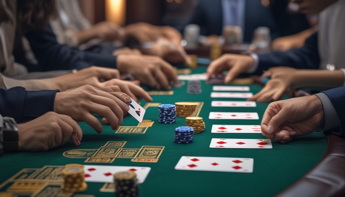 Meja permainan kartu dengan pemain yang sedang bermain Ceme Super 6, menempatkan taruhan dan memegang kartu.