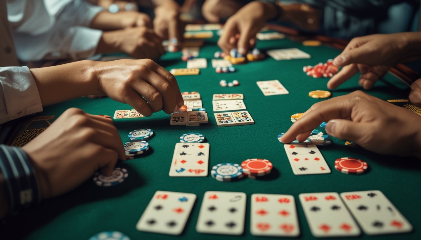 Pemandangan dekat meja hijau dengan kartu domino dan chip judi, tangan pemain sedang bermain permainan Ceme Super 6.
