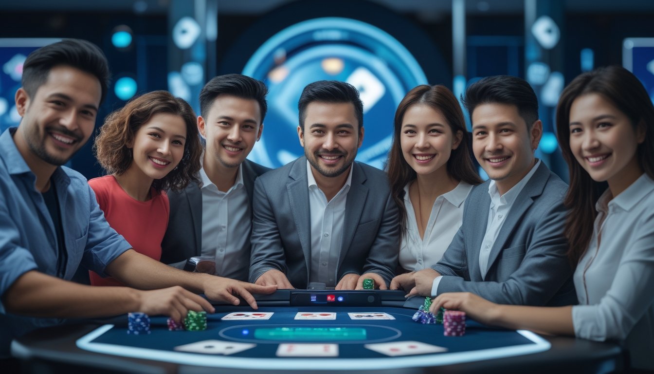 Sekelompok orang dewasa bermain kartu secara online di ruang modern dengan layar digital dan suasana yang cerah dan aman.