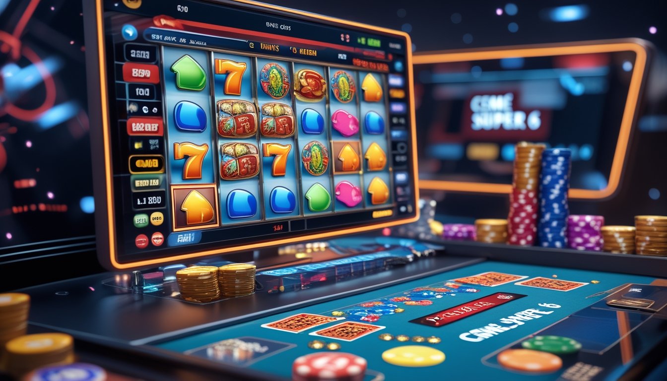 Antarmuka digital modern yang menampilkan mesin slot berwarna-warni dan meja kartu virtual dengan chip taruhan, menggambarkan suasana hiburan taruhan online.