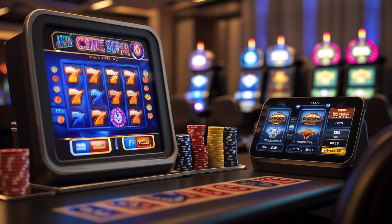 Suasana kasino modern dengan mesin slot digital dan meja permainan kartu Ceme Super 6 yang menampilkan kartu dan chip taruhan.