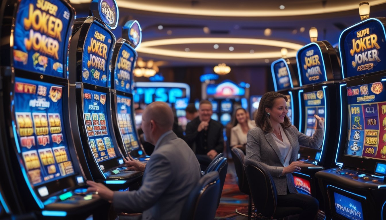 Orang-orang bermain mesin slot Super Joker di kasino modern dengan suasana cerah dan penuh semangat.